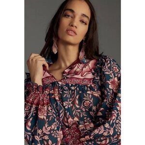 💕FARM RIO💕 Teal Ainika Charm Long Sleeve Blouse Tropical Floral Print XS NWOT